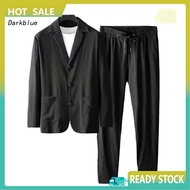  1 Set Autumn Men Blazer Pants Stripe Pleats Jacket Drawstring Pants Casual Suit for Wedding