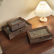 8.26 Begonia Flower Glass Storage Box Retro Wooden Desktop Sundries Tidy-up Flip Wooden Box Decorati