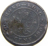 BRITISH HONG KONG ~ 1901年英屬香港一仙(Cent)銅幣(英女皇維多利亞像,H標記)