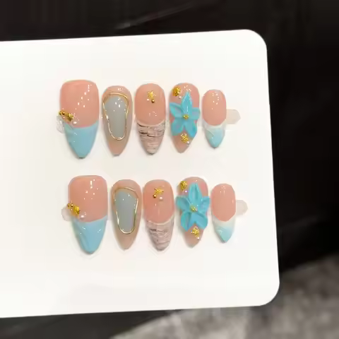 10PCS Almond Handmade Press On Nails,Ocean Breeze,Suitable For Festivals Parties And Daily Wear.