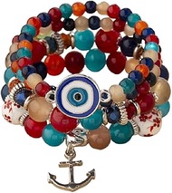 4 Pcs Boho Set Evil Eye Bead Bracelet Anchor Pendant Adjustable Meaning Colorful Bohemian Beaded Bla