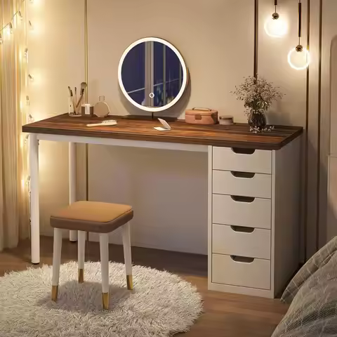 47 inches Vanity Desk with 5 Drawers, Rustic Brown Makeup Vanity Table Dressing Table with Storage, 