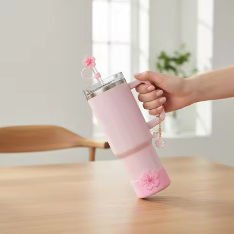 Tumbler Straw Cover & Silicone Boot – Begonia Shape Lid Cap with Tumbler Charm Pendant Set