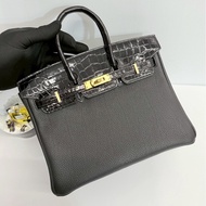 Hermes Birkin25 Touch 黑金拼鱷魚皮
