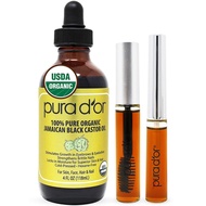 PURA D'OR PURA D’OR Organic Jamaican Black Castor Oil (4oz) 100% Pure USDA Organic - Cold Pressed - For Lashes, Brows, Skin &amp; Hair - Promotes Thicker Eyebrows, Eyelashes &amp; Healthier Skin With Bonus Brush Kits