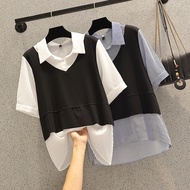100% Cotton Shirt Women 2025 Summer Fake Two-Piece Shirt
