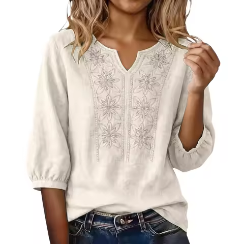 Ethnic Style Women Bohemian Tops Floral Embroidery V-Neck 3/4 Sleeve T-Shirts Summer Linen Blouse Li