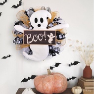 Boo Wooden Sign Gauze Simulation Rattan Ring Ghost Festival Window Ghost Horror Garland Decoration D