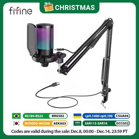 FIFINE USB Gaming Microphone Kit for PC,PS4/5 Condenser Cardioid Mic Set with Mute Button/RGB /Arm S
