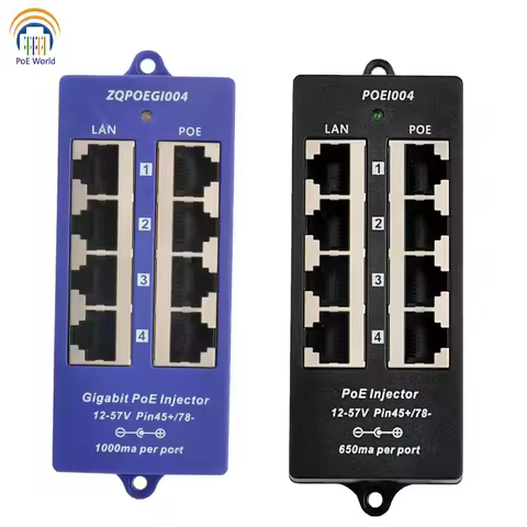 POE World 4 Port PoE Injector 10/100/1000Mbps PoE Patch Panel 802.3af Midspan Injector for 24Volt Pa