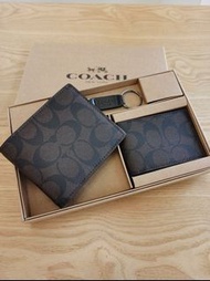 Coach 男士棕黑拼色經典老花雙折錢包、卡包及鑰匙扣禮盒套裝