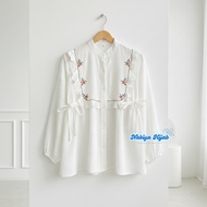 SML XL XXL 5L Elysia Women's Modern Embroidered Crinkle Blouse Top Jumbo Ld 140 130 120 White Burgun
