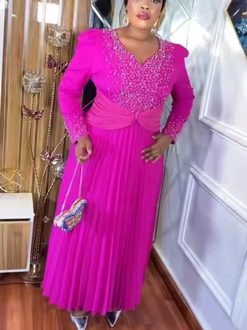 AOMEI High End Evening Dress Shiny Nail Bead Design V Neck Long Sleeve High Waist Evening Party Dres