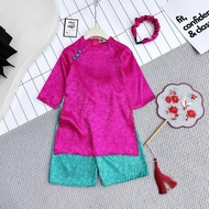Set áo dài cách tân bé gái TM1041 bộ áo dài tết hồng sen quần xanh kèm bờm cho bé gái