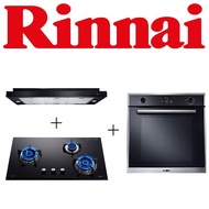 RINNAI RH-S329-PBR 90CM SLIMLINE HOOD + RINNAI RB-93UG 3 BURNER GLASS HOB + RINNAI RO-E6208TA-EM BUI