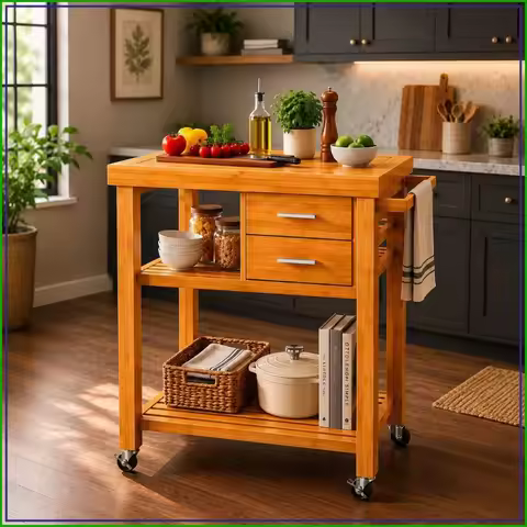 Rolling Kitchen Island Cart with Drawers, Shelves, Towel Rack, Locking Casters, Butcher Block Top