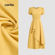 (New) Lovito Casual Dress Double Layer Pleated Spring/summer Yellow Dress for Women L142ED603 (New) 