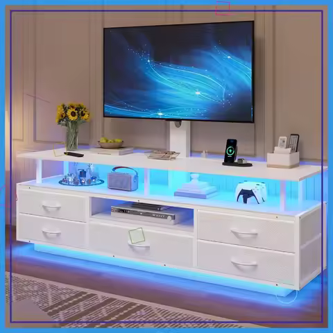 51.2" LED TV Stand with Mount for 45-70 Inch TVs, Adjustable Height, Power Outlets & Storage, White 