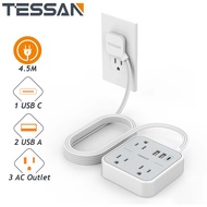 TESSAN Flat Cord Extension 1.5M/3.0M/4.5M Type C Adapter Power Strip with USB-C  2/3/4 Way Extension