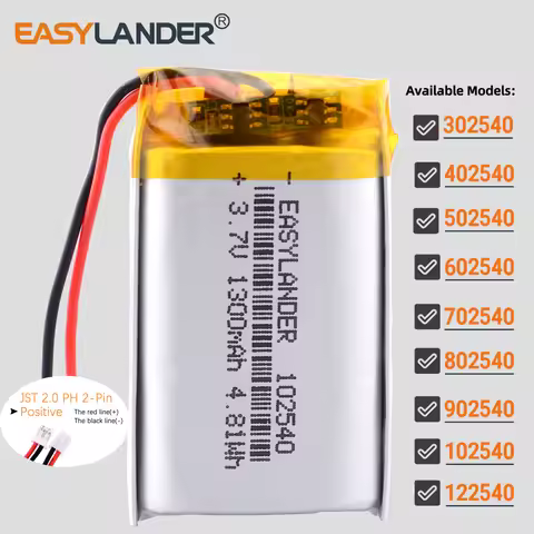 JST2.0 2P 3.7V 1300mAh 102540 Lithium Li-ion Polymer Lipo Battery 302540 402540 502540 602540 702540