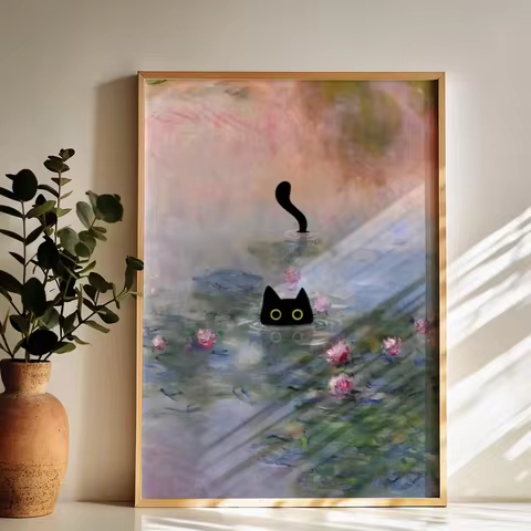 Monet Waterlily Cat Print, Claude Monet Poster, Cat Art, Floral Print, Wall Art, Monet Office Wall D