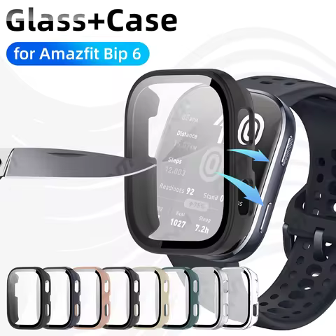 Glass+Case for Amazfit Bip 6 Tempered Glass Screen Protector & Hard PC Protective Bumper for Amazfit