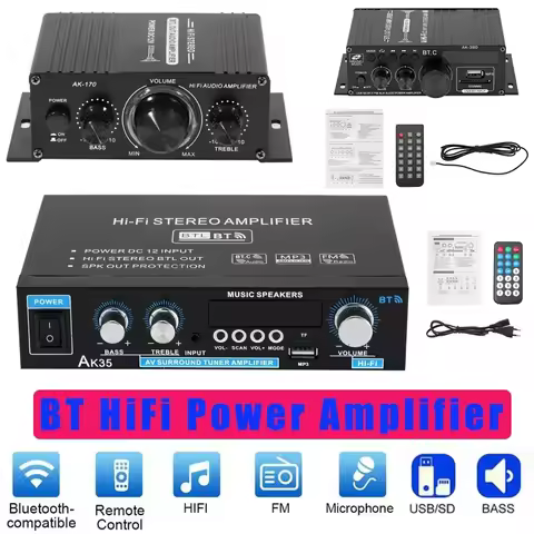 AK35 800W Home Car Amplifiers 2 Channel bluetooth 5.0 Surround Sound FM USB Remote Control Mini HIFI