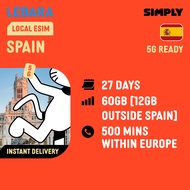 SIMPLY [eSIM] Europe | Lebara 25 Days | 60GB Data + 500 Mins Calls | Local Spain SIM Card | No Regis