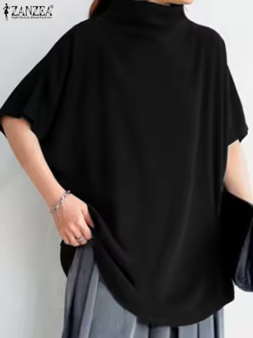 ZANZEA Elegant Causal Oversized Blouse Summer Women Solid Turtleneck Short Sleeve Back Zipper Pure C