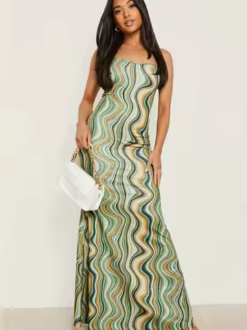 Wave Striped Printed Back Strap Large Swing Vacation Suspender Long Dress Women's Casual Maxi Dress