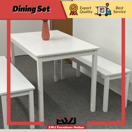 Ready Stock EWJ 01+T9999 Dining Table Set 1+2 Solid Wood Bench / Meja Makan 2 Kerusi Bangku Panjang 