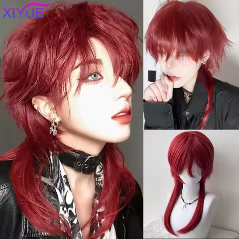 Wolf tailed Mullet Wig Mullet Head Wigs with Bangs Synthetic Straight Anime Men red Hair Wig for Dai
