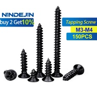 NINDEJIN 150pcs Countersunk Flat Head Self Tapping Screw M3 M3.5 M4 Carbon Steel Phillips Woodworking Machine Repairing Screw