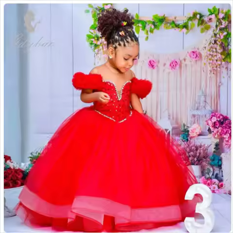 Puffy Fower Girl Dress For Wedding Sequins Beading Lace Appliques Baby Kids Birthday Party Princess