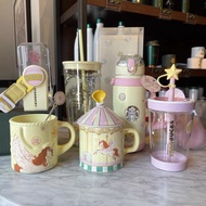 Starbucks Mug Pink 2022 Starbucks Cup Summer Carousel Pink Hot Air Balloon Style Mug Straw Water Cup Thermos Cup