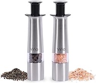 Tirrinia Manual Salt and Pepper Grinder Set, Stainless Steel Thumb Press Refillable Mini Mill for Peppercorn Spice Sea Salt, Pack of 2, with Bamboo Stand