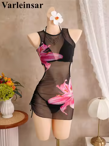 With Cover Up Flower Printed Halter Bikini Women Swimwear Female Swimsuit Three-Pieces Bikini Set Ba
