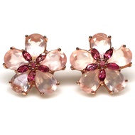 ต่างหูพลอยแท้ โรสควอตซ์(Rose Quartz) 6 x 8 mm. และ ทัวร์มาลีน เงินแท้ 925 ชุบนาค (rose gold)