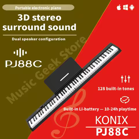 PJ88C Portable 88-Key Foldable Digital Piano with Weighted Hammer, 3D Surround Sound, Rechargeable B