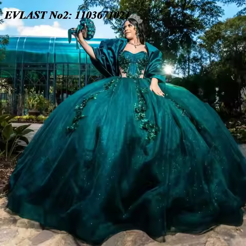 EVLAST Customized Shiny Blackish Green Quinceanera Dress Ball Gown Floral Applique Beading Sweet 16 