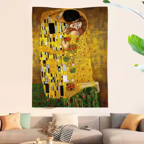Gustav Klimt The Kiss Colorful Tapestry Wall Hanging Hanging Tarot Hippie Wall Rugs Dorm Wall Art De