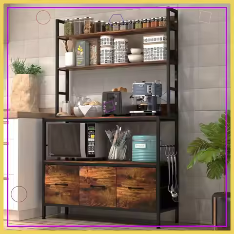5-Tier Industrial Bakers Rack with Baskets, Microwave Oven Stand, Metal Kitchen Storage Shelf with H