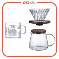 HARIO｜V60 02 玻璃濾杯 胡桃托架 VDG-02-WN｜V60 玻璃咖啡壺 胡桃木蓋 600mL VBS-60-WN｜日本製 FUJI 感溫變色馬克杯 TCM-1-FJ【平行進口產品】