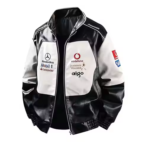 F1 embroidered vintage stand up collar jacket, leather jacket, Mercedes Benz motorcycle racing suit,