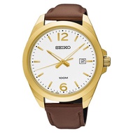 Karnvera Shop นาฬิกาข้อมือผู้ชาย Seiko Classic Mens Watch Leather white and gold dial SUR216P1