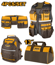 INGCO เซ็ท กระเป๋าช่าง 4 ชิ้น Combo set รุ่น COS230908 (เสื้อกั๊ก กระเป๋าคาดเอว กระเป๋าเป้ กระเป๋าใส