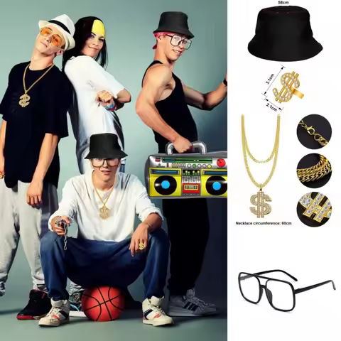 Fancy Cosplay Adult Costume Outfit Set Big Gold Chain Glasses Ring Hat Hip Hop Rapper Accessories 80
