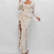 Váy karaoke màu mơ xẻ cao họa tiết hoa 3D thanh lịch, sang trọng, tay dài, trang trí xếp nếp lãng mạ