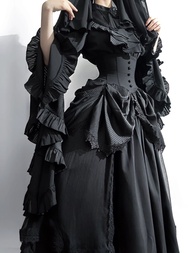 ชุดกระโปรง Lolita Gothic Dark Black Fishbone Sleeve Loli Dress Set เสื้อเชิ้ตสีดำ กระโปรงครึ่งตัว แข