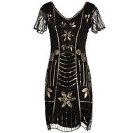 KKVintage 1920s Art Deco Beaded Sequin Embellished Flapper Dress Double V Neck Butterfly Sleeve Tuni